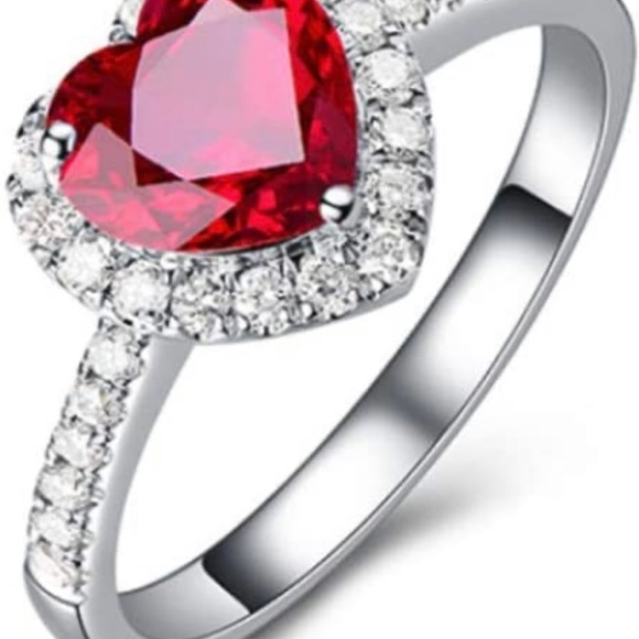 925 Red Ruby Heart Shape Gemstone Sterling Silver Wedding Rings - Picture 4 of 5